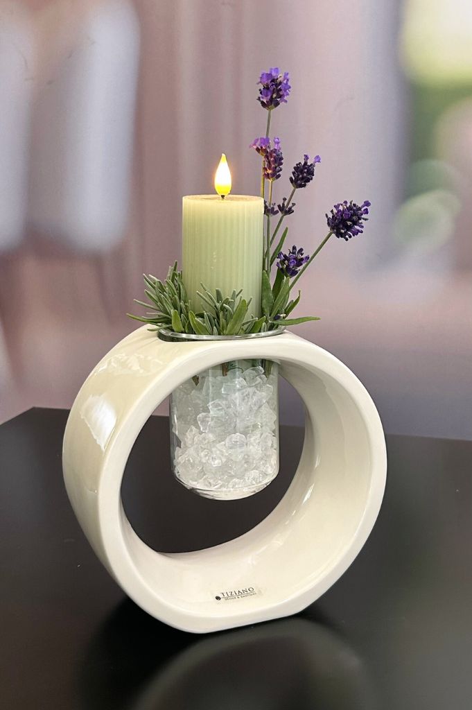 Vase / Tischlicht Floreana creme-weiß mit Glaseinsatz