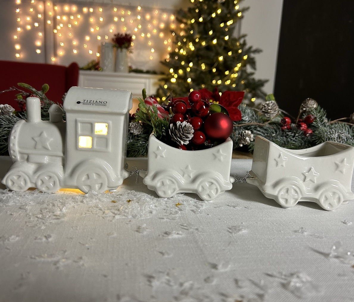 Deko Zug Lukas 3tlg 32,5cm mit LED creme-weiß