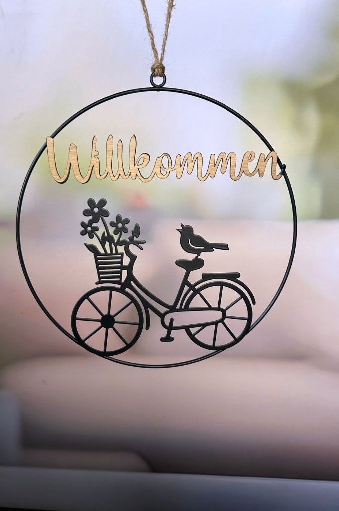 Metallhänger Willkommen mit Fahrrad und Vögelchen