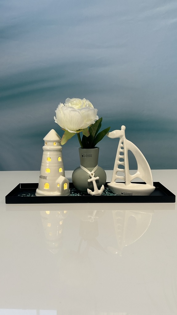 Dekoset Tablett Legri mit Vase Emporo+Leuchtturm