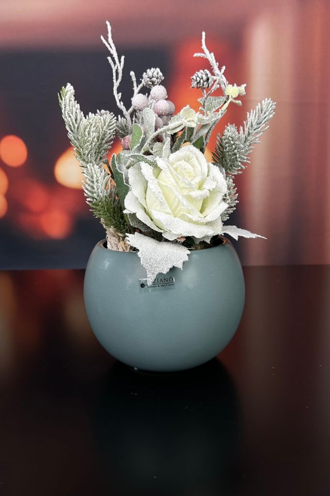 Deko Rose mit Tannenzweige im Jutesack 30cm weiß – Bild 2