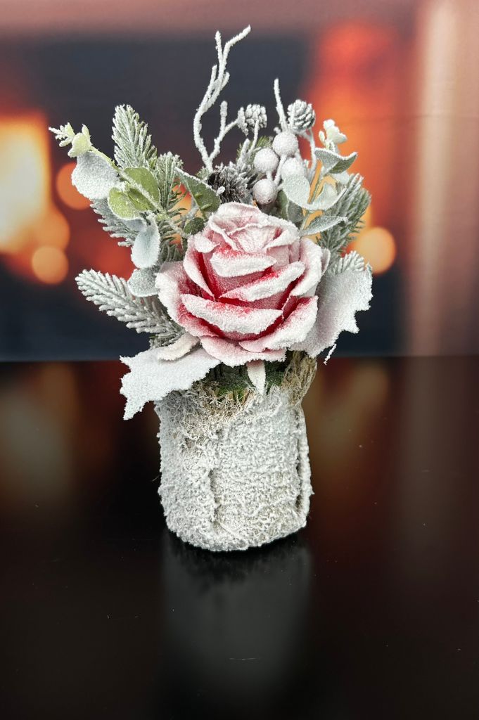 Deko Rose mit Tannenzweig im Jutesack 30cm rosa