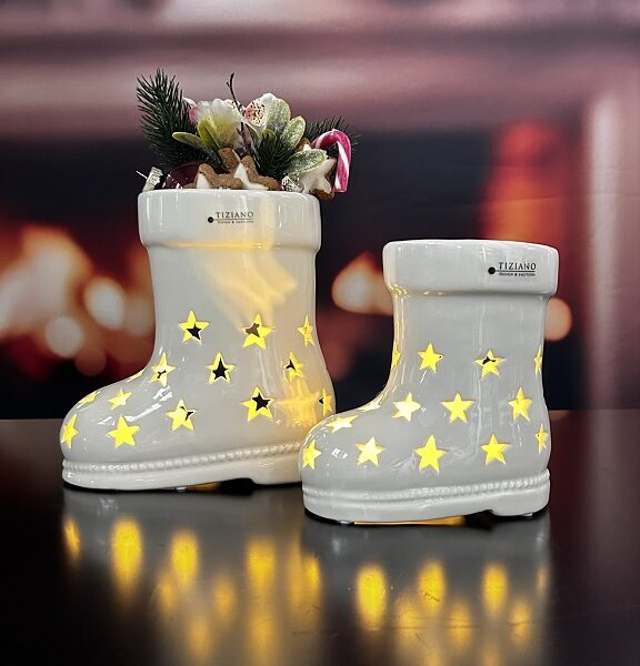 Deko Stiefel Santa LED creme-weiß