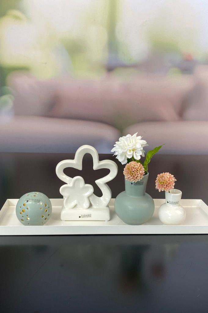 Dekoset Metallschale mit Verona LED+Vase Emporo grün+creme