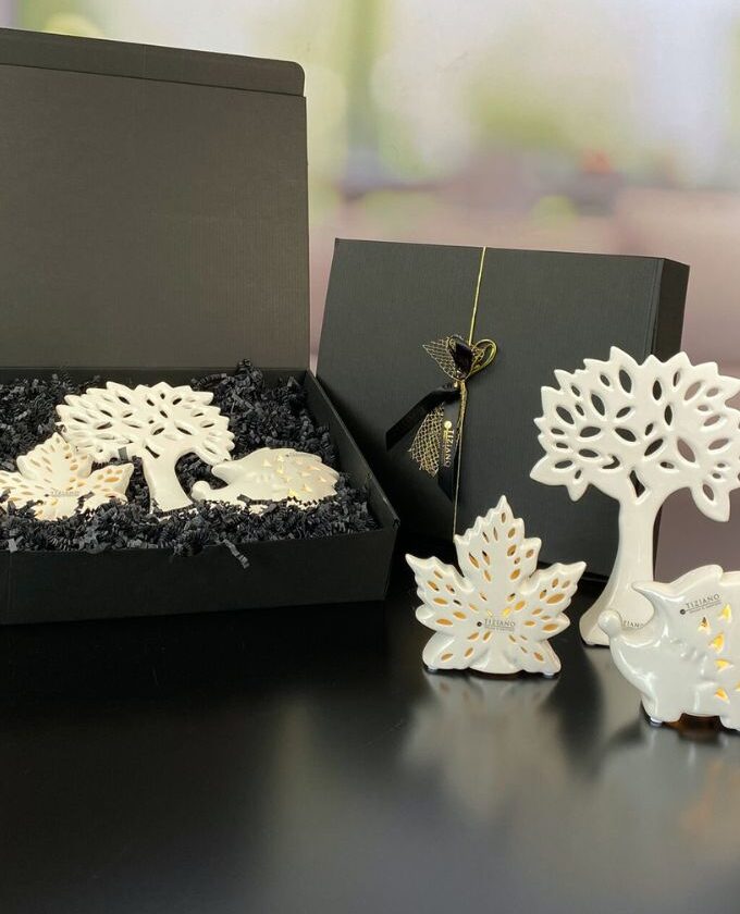 Geschenkbox L mit Igel Salimbo+Blatt Vicaria+Baum Gavello
