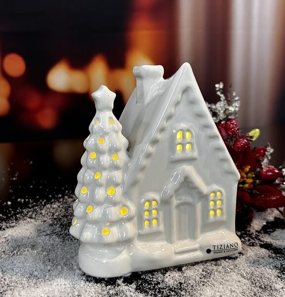 Deko Haus Bando LED mit Baum creme-weiß