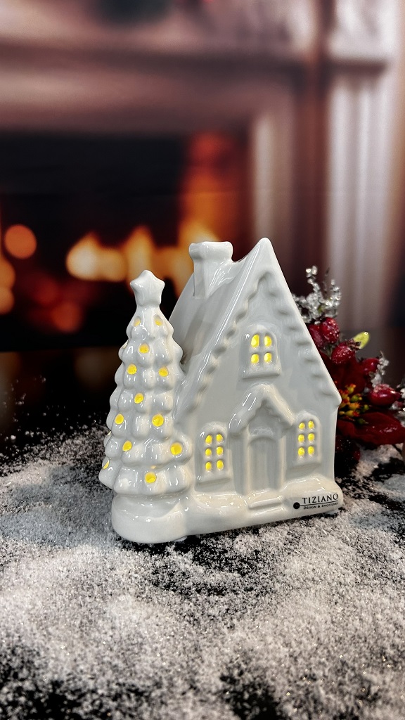 Deko Haus Bando LED mit Baum creme-weiß
