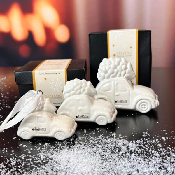 3er Set Auto Herbie mit Baum creme-weiß in Geschenkkartons