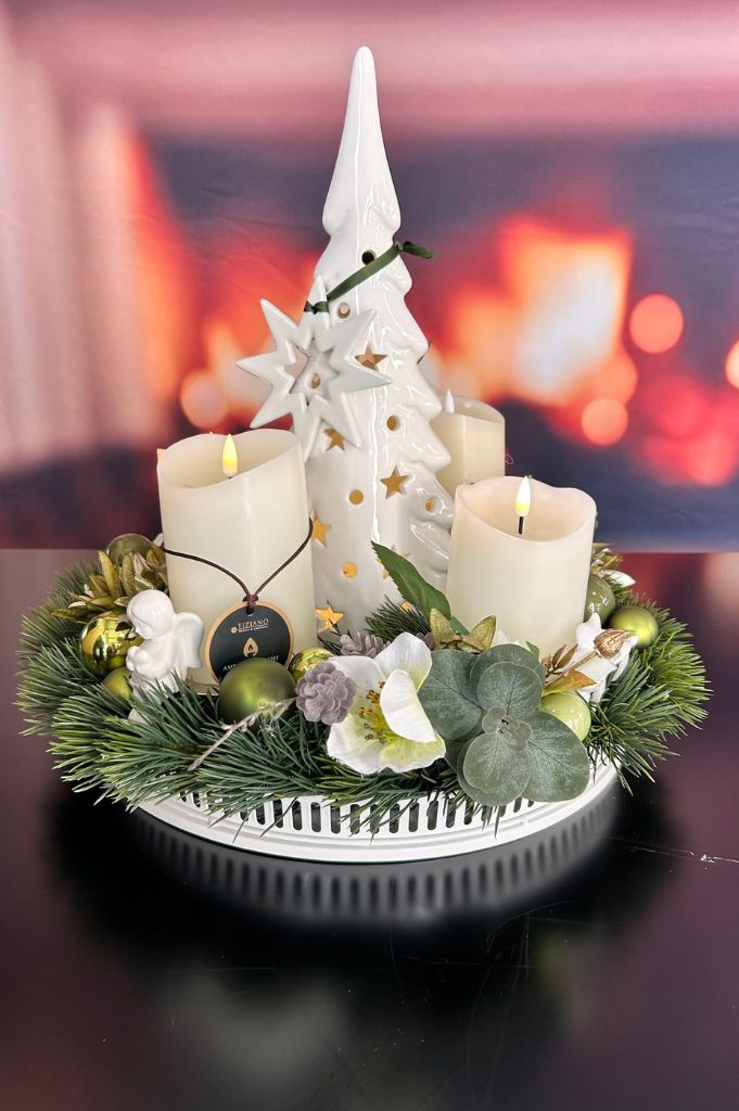 Adventskranz mit Metallschale Canneto+Baum LED Trissino