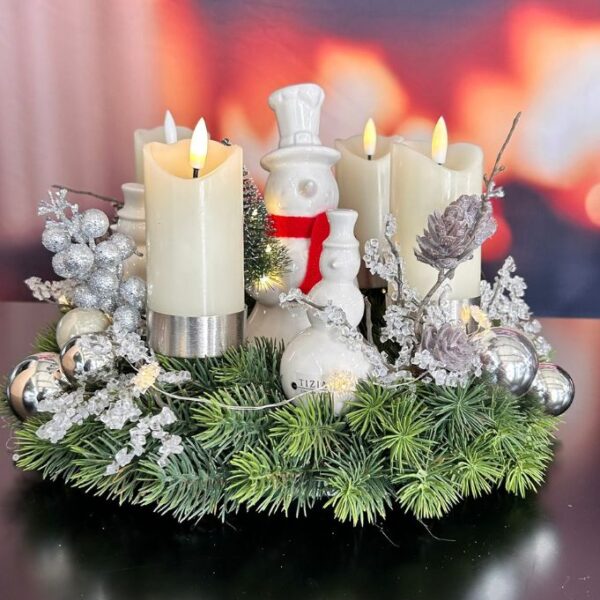 Adventskranz mit Kerze Sotto LED+Schneemann Sören+Bruno